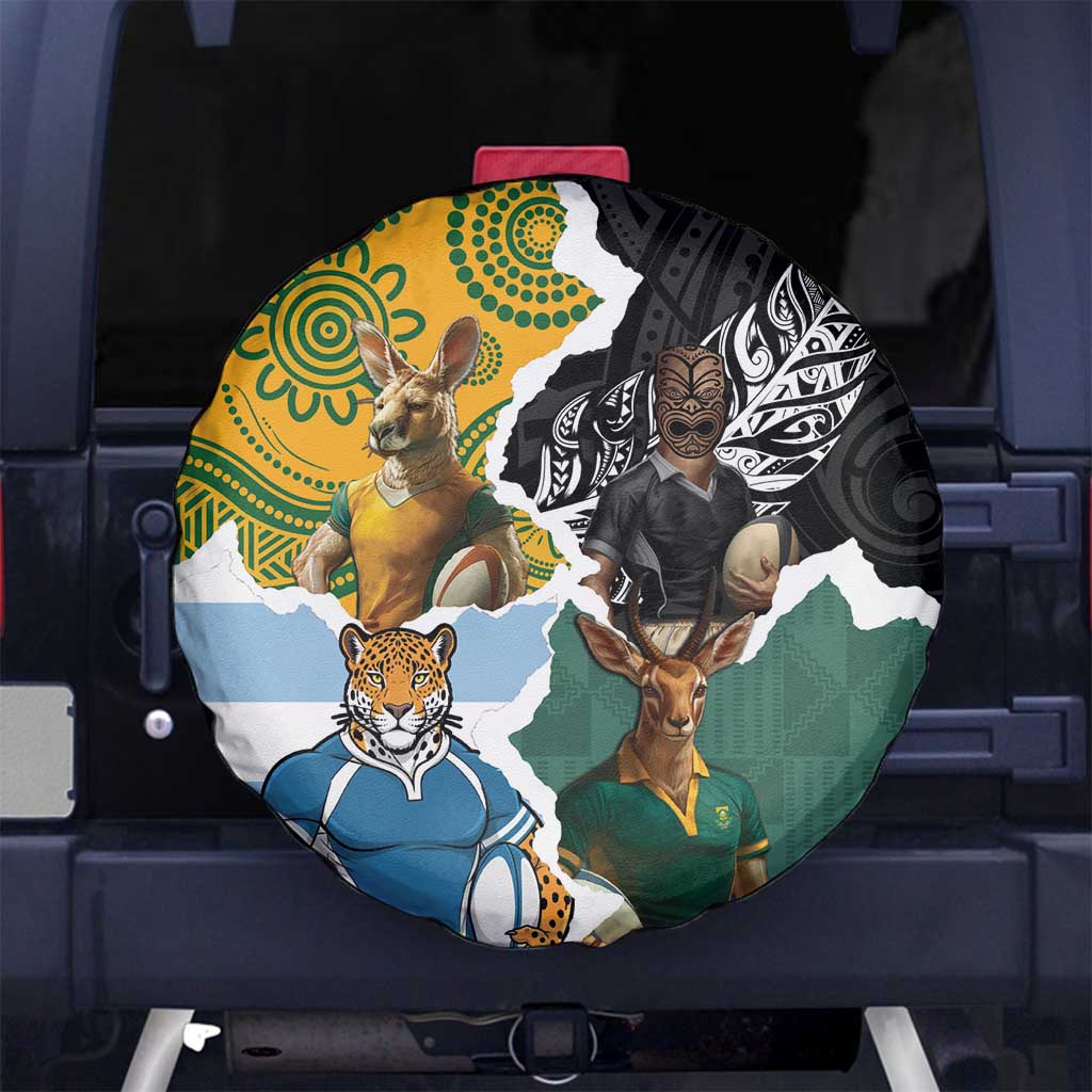 Rugby 2025 Championship Spare Tire Cover Southern Hemisphere Countries Mascots - Polynesian Pride