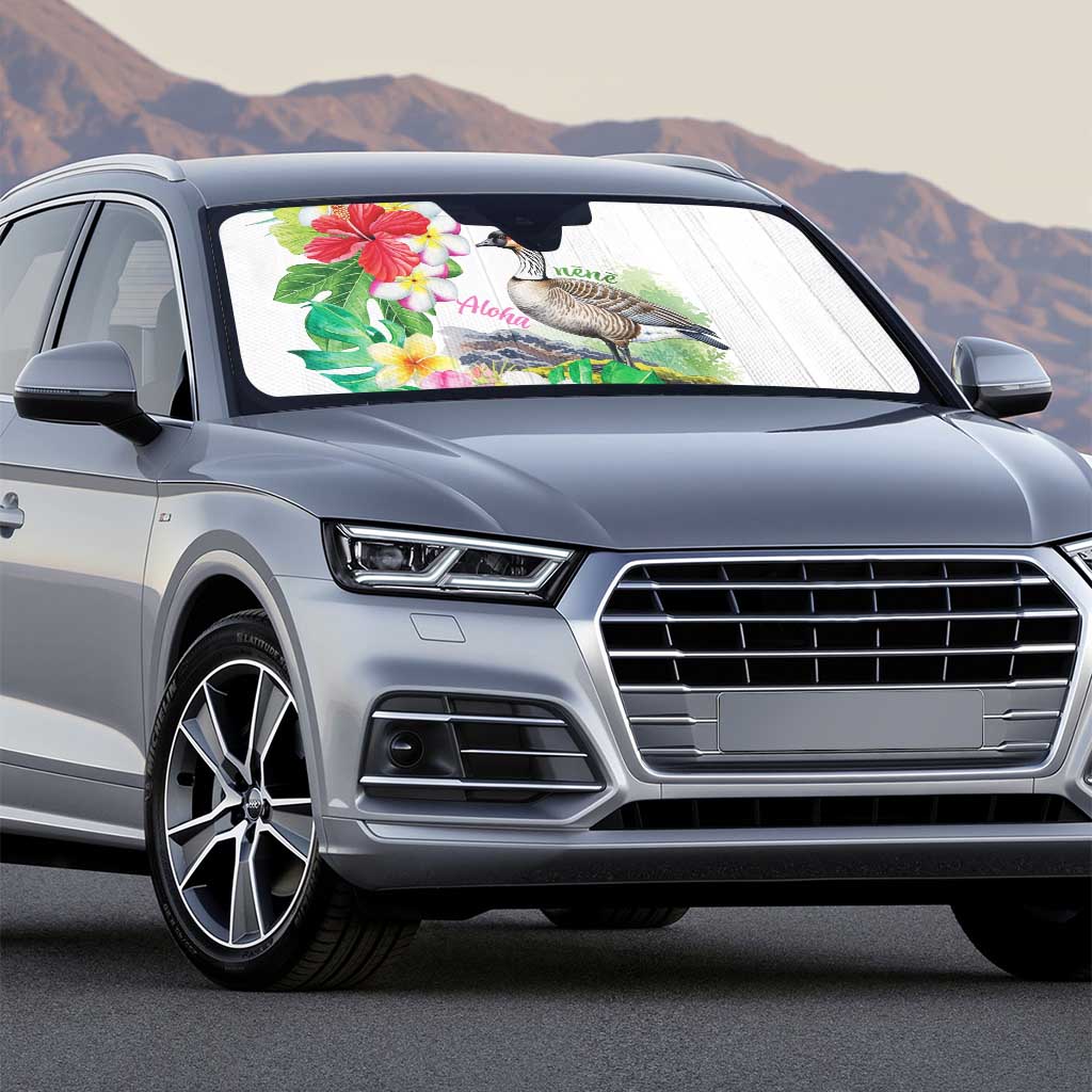 Aloha Hawaii Nene Goose Auto Sun Shade Tropical Flowers Watercolor Stylized - Polynesian Pride