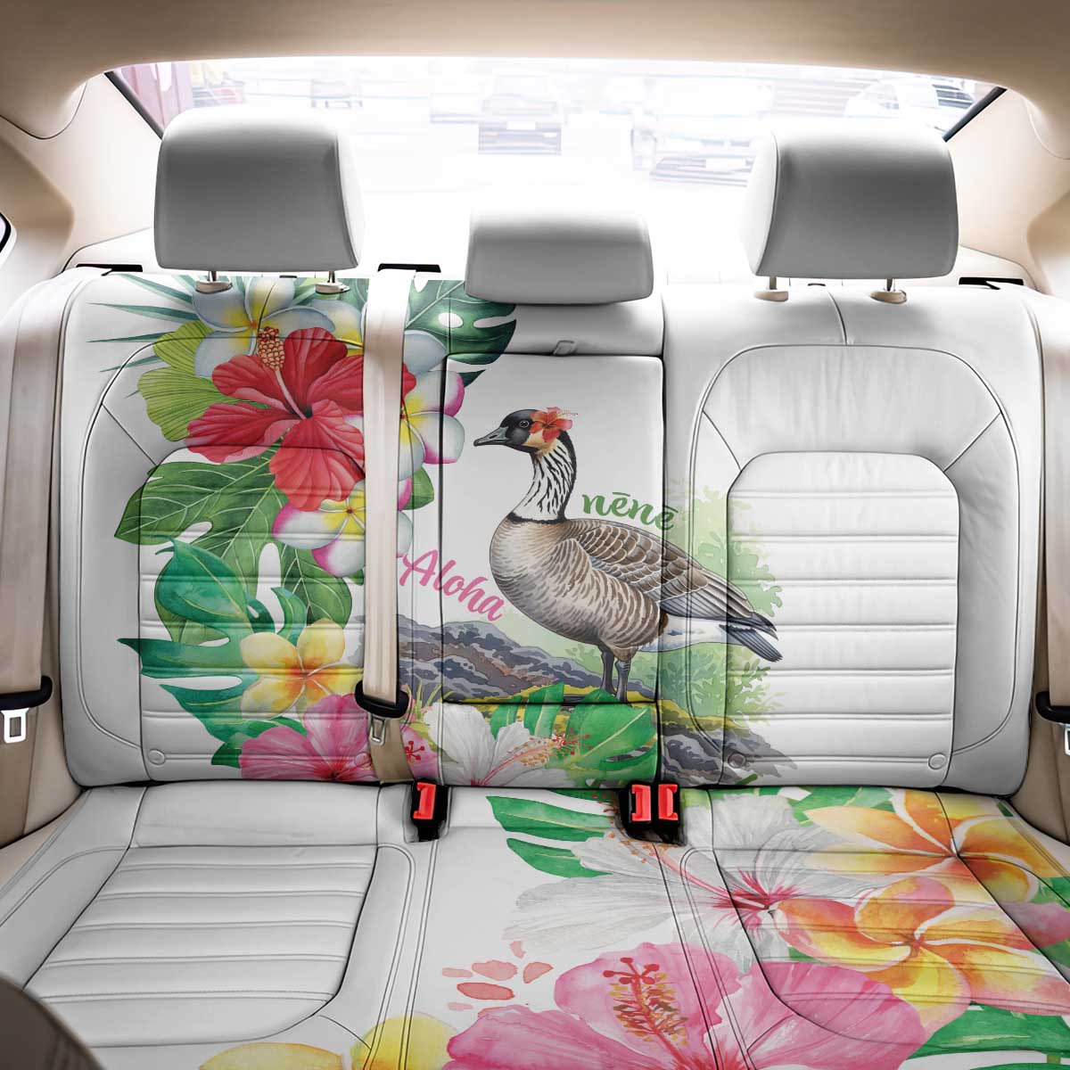 Aloha Hawaii Nene Goose Back Car Seat Cover Tropical Flowers Watercolor Stylized - Polynesian Pride