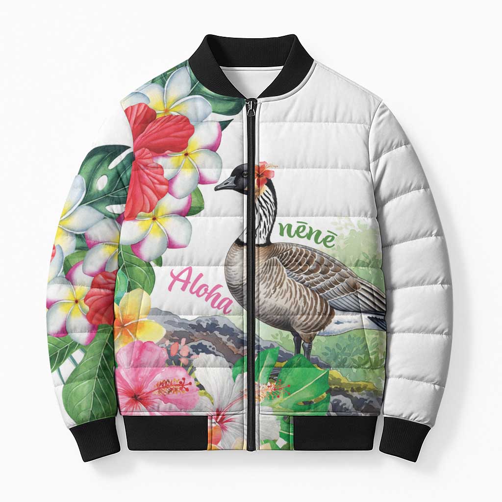 Aloha Hawaii Nene Goose Bomber Puffer Jacket Tropical Flowers Watercolor Stylized - Polynesian Pride