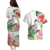 Aloha Hawaii Nene Goose Couples Matching Puletasi and Hawaiian Shirt Tropical Flowers Watercolor Stylized - Polynesian Pride