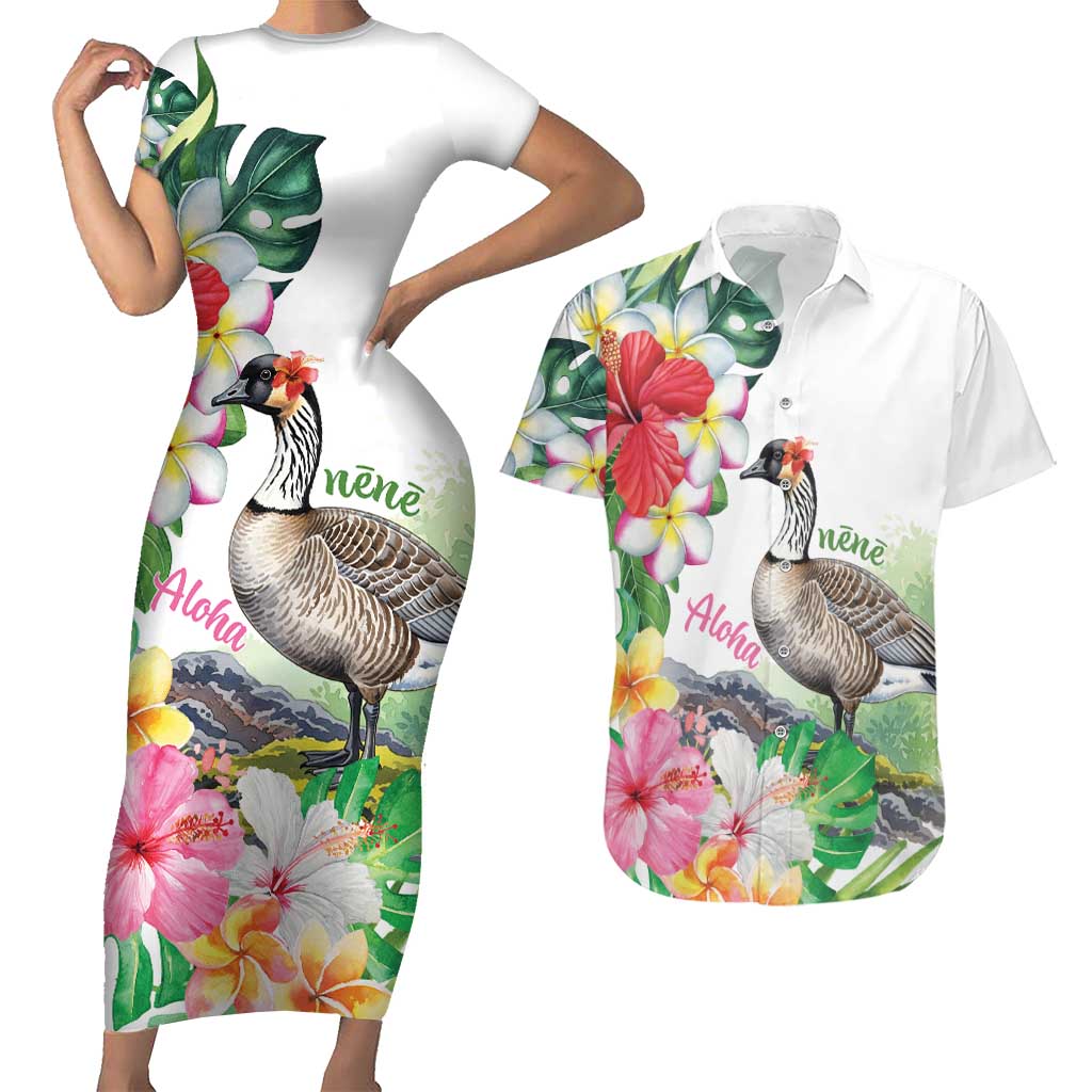 Aloha Hawaii Nene Goose Couples Matching Short Sleeve Bodycon Dress and Hawaiian Shirt Tropical Flowers Watercolor Stylized - Polynesian Pride