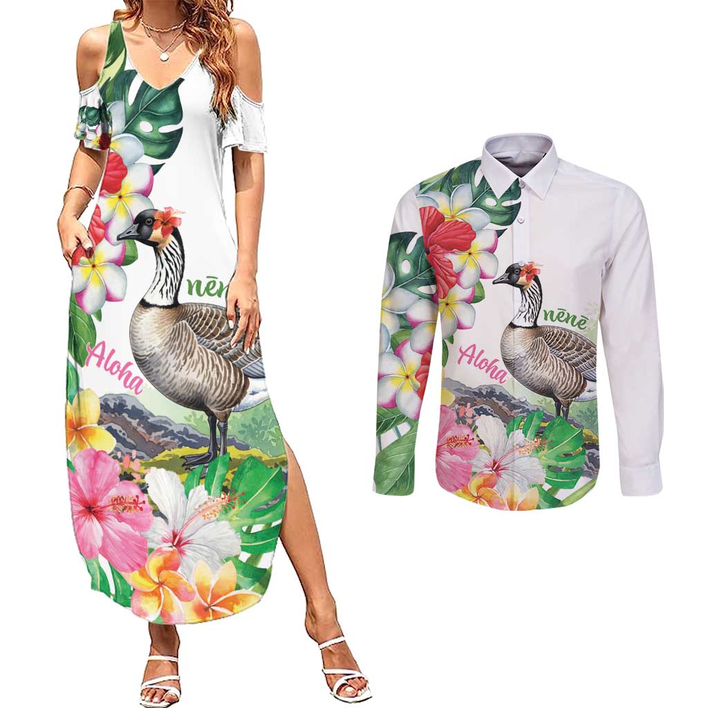 Aloha Hawaii Nene Goose Couples Matching Summer Maxi Dress and Long Sleeve Button Shirt Tropical Flowers Watercolor Stylized - Polynesian Pride