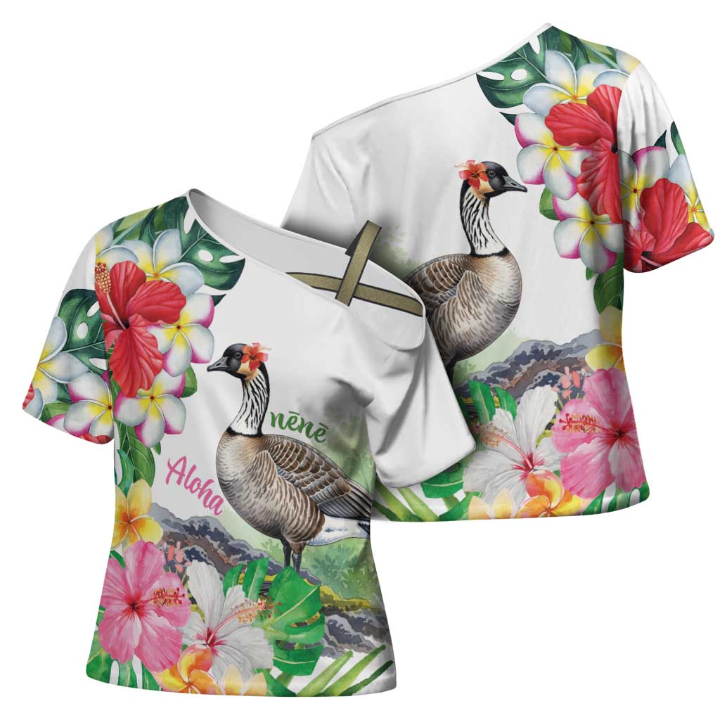 Aloha Hawaii Nene Goose Cross Shoulder Shirt Tropical Flowers Watercolor Stylized - Polynesian Pride
