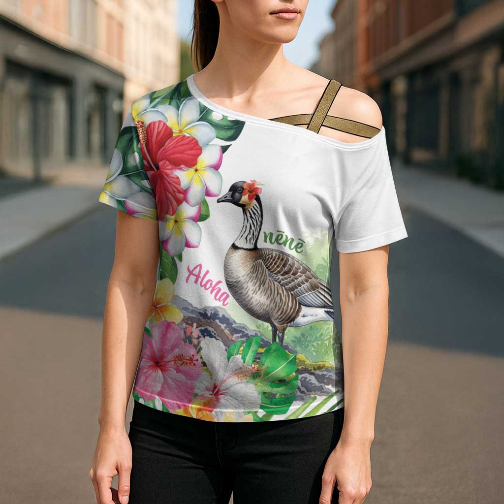 Aloha Hawaii Nene Goose Cross Shoulder Shirt Tropical Flowers Watercolor Stylized - Polynesian Pride