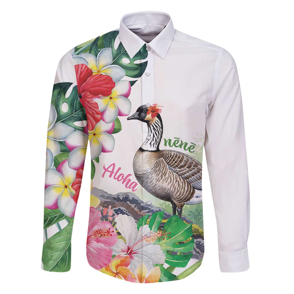 Aloha Hawaii Nene Goose Family Matching Long Sleeve Bodycon Dress and Hawaiian Shirt Tropical Flowers Watercolor Stylized - Polynesian Pride