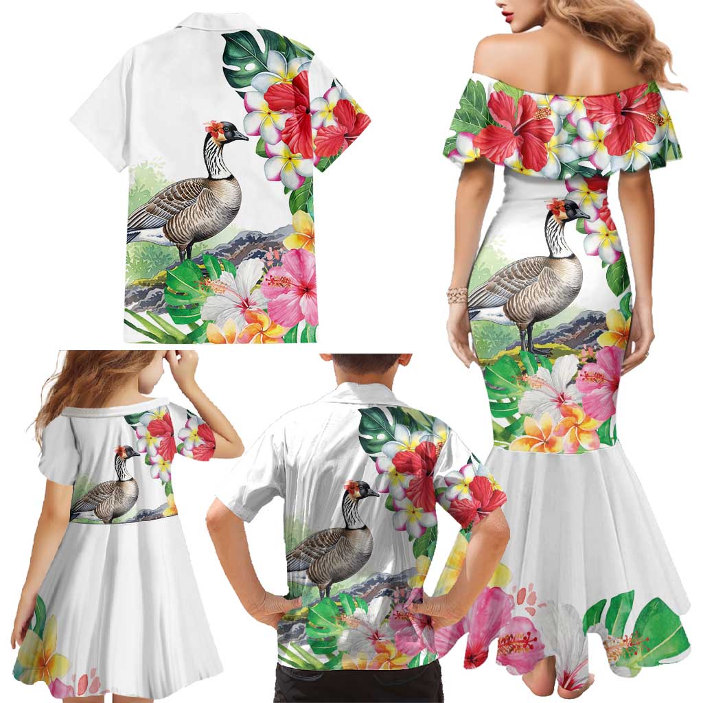 Aloha Hawaii Nene Goose Family Matching Mermaid Dress and Hawaiian Shirt Tropical Flowers Watercolor Stylized - Polynesian Pride