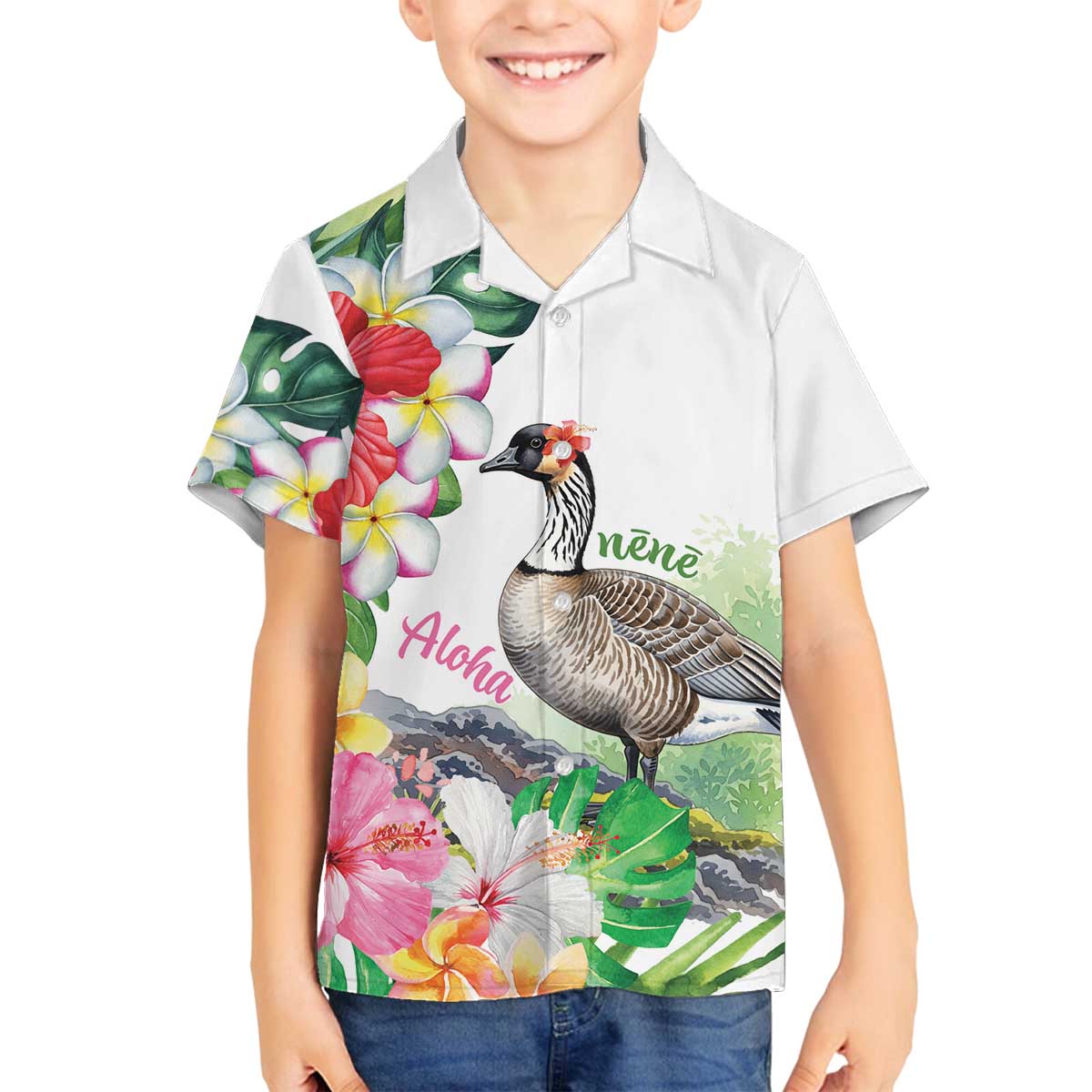 Aloha Hawaii Nene Goose Family Matching Off The Shoulder Long Sleeve Dress and Hawaiian Shirt Tropical Flowers Watercolor Stylized - Polynesian Pride