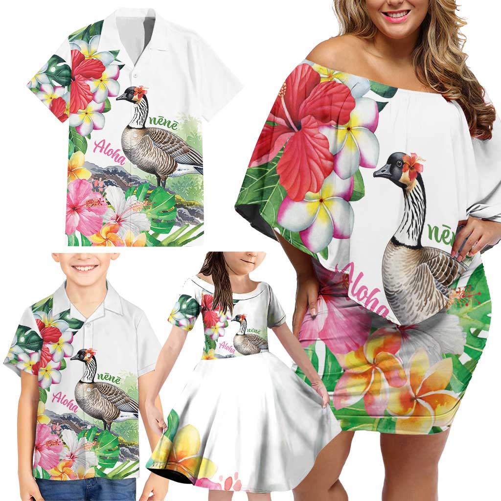 Aloha Hawaii Nene Goose Family Matching Off Shoulder Short Dress and Hawaiian Shirt Tropical Flowers Watercolor Stylized - Polynesian Pride