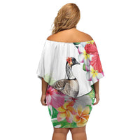 Aloha Hawaii Nene Goose Family Matching Off Shoulder Short Dress and Hawaiian Shirt Tropical Flowers Watercolor Stylized - Polynesian Pride