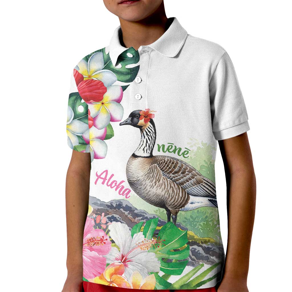 Aloha Hawaii Nene Goose Kid Polo Shirt Tropical Flowers Watercolor Stylized - Polynesian Pride