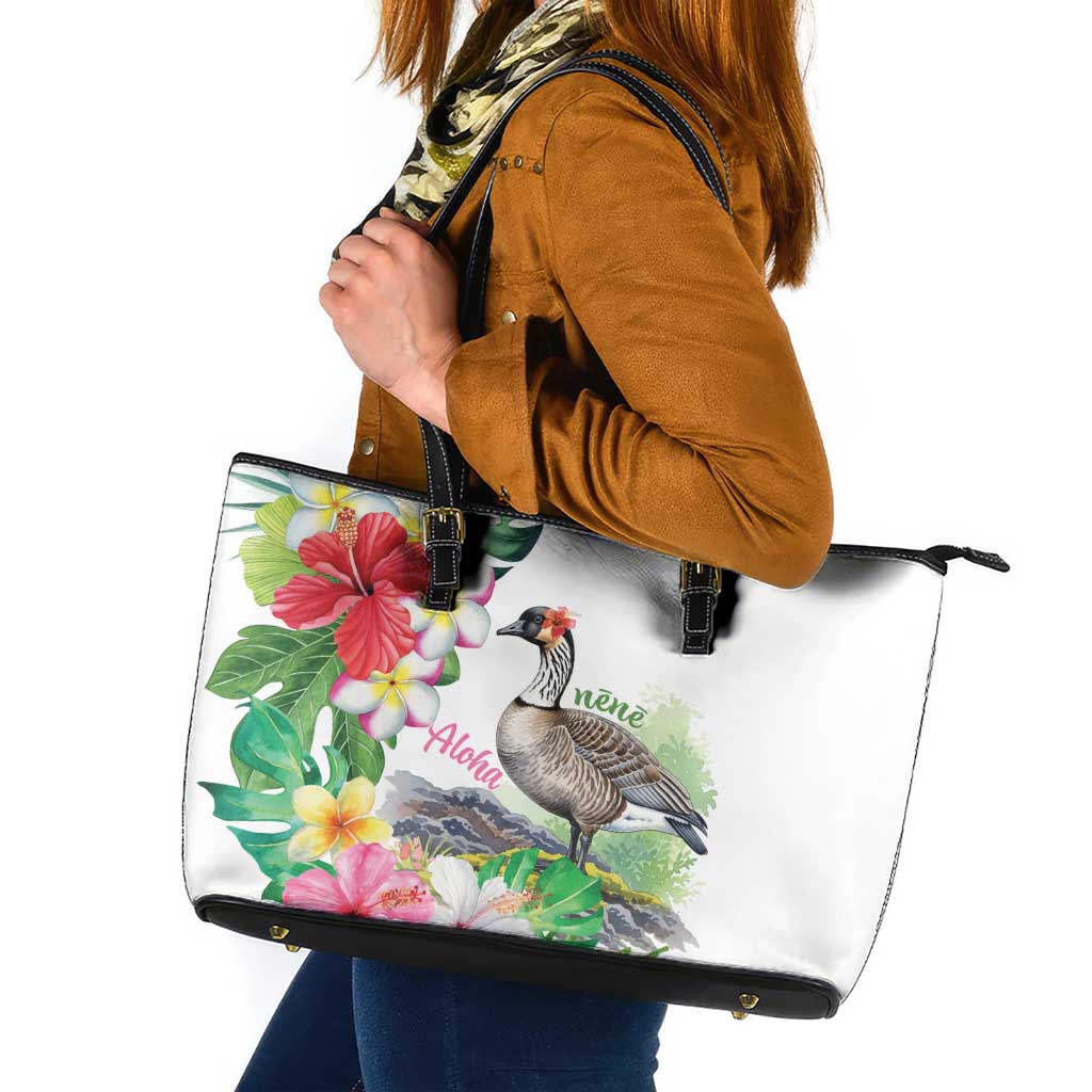 Aloha Hawaii Nene Goose Leather Tote Bag Tropical Flowers Watercolor Stylized - Polynesian Pride