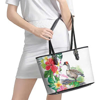 Aloha Hawaii Nene Goose Leather Tote Bag Tropical Flowers Watercolor Stylized - Polynesian Pride