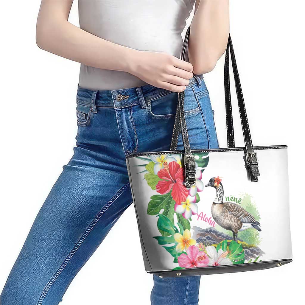Aloha Hawaii Nene Goose Leather Tote Bag Tropical Flowers Watercolor Stylized - Polynesian Pride