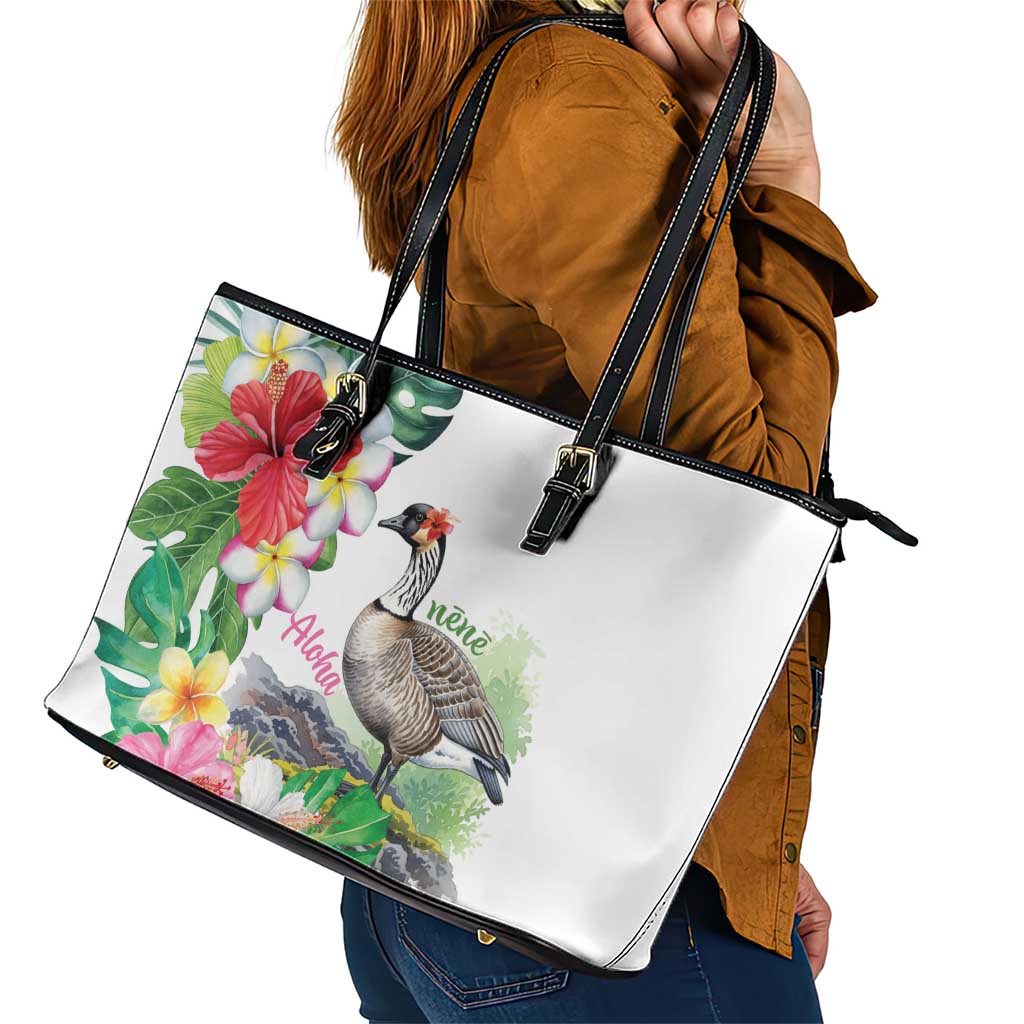Aloha Hawaii Nene Goose Leather Tote Bag Tropical Flowers Watercolor Stylized - Polynesian Pride