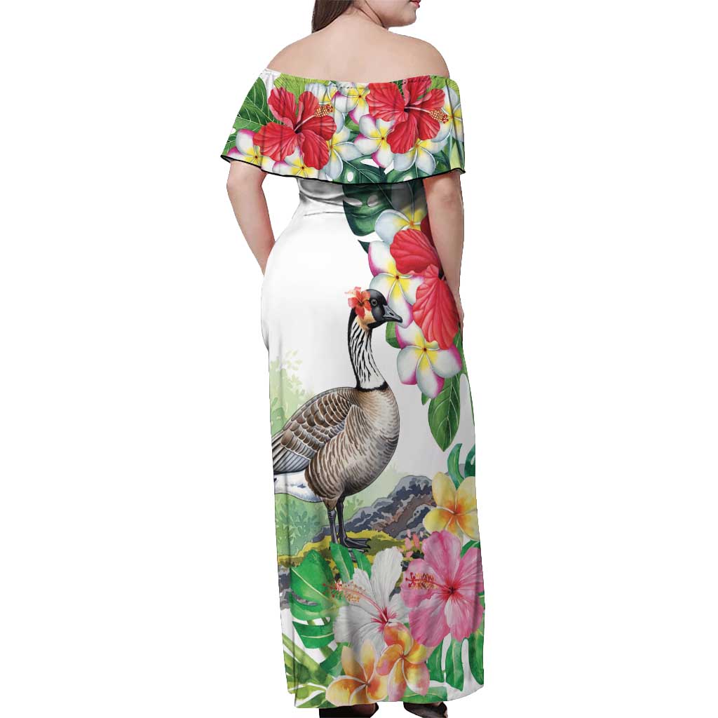 Aloha Hawaii Nene Goose Off Shoulder Maxi Dress Tropical Flowers Watercolor Stylized - Polynesian Pride