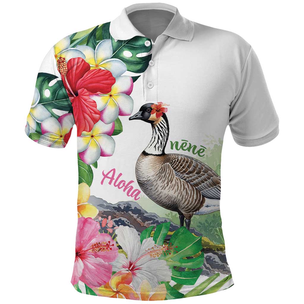 Aloha Hawaii Nene Goose Polo Shirt Tropical Flowers Watercolor Stylized - Polynesian Pride