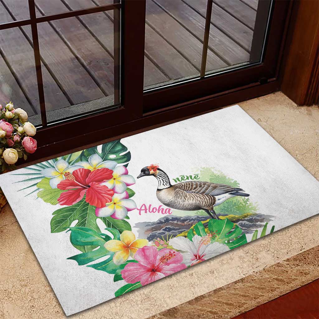Aloha Hawaii Nene Goose Rubber Doormat Tropical Flowers Watercolor Stylized - Polynesian Pride