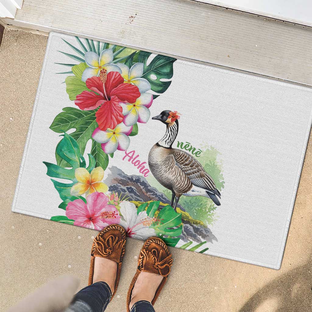 Aloha Hawaii Nene Goose Rubber Doormat Tropical Flowers Watercolor Stylized - Polynesian Pride