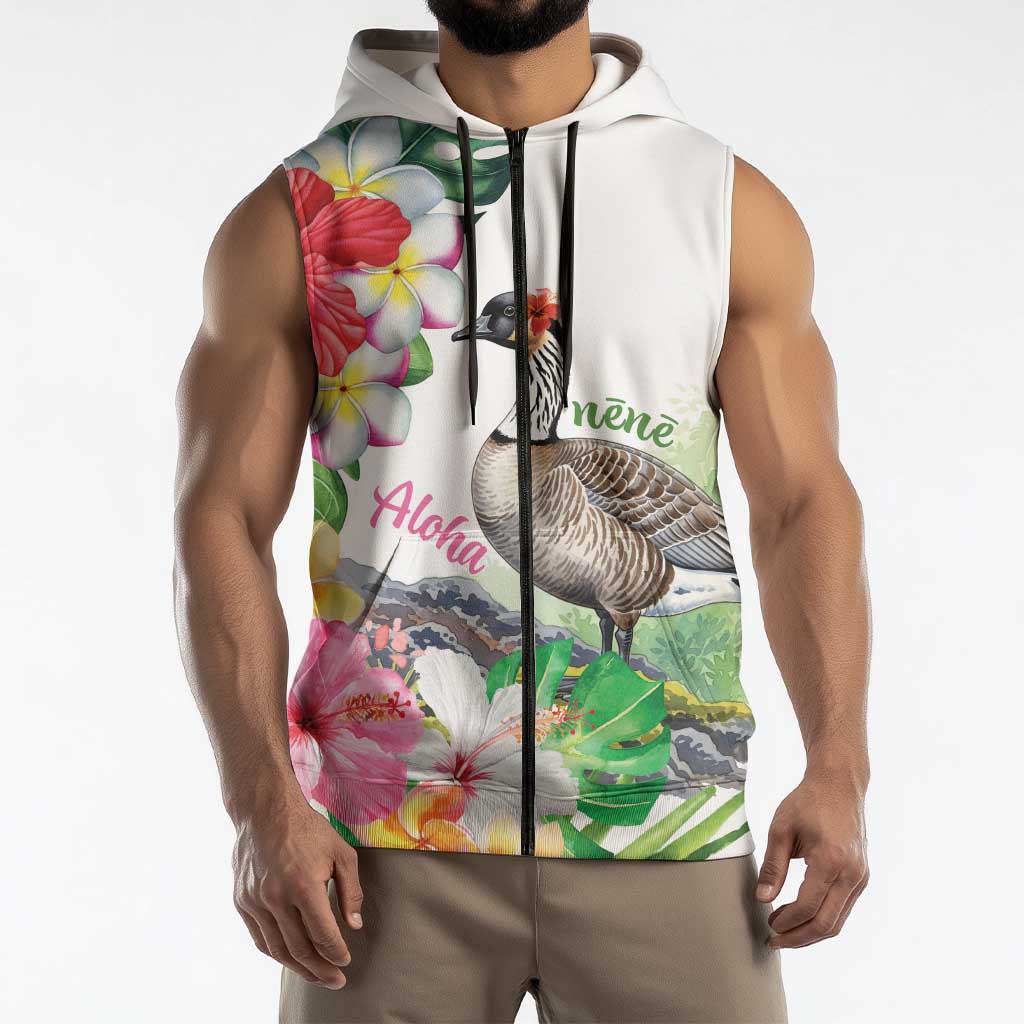 Aloha Hawaii Nene Goose Sleeveless Zip Hoodie Tropical Flowers Watercolor Stylized LT14