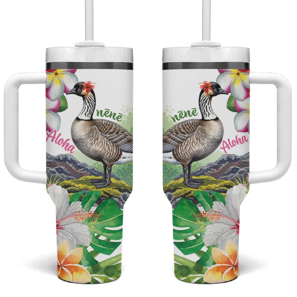 Aloha Hawaii Nene Goose Tumbler With Handle Tropical Flowers Watercolor Stylized - Polynesian Pride