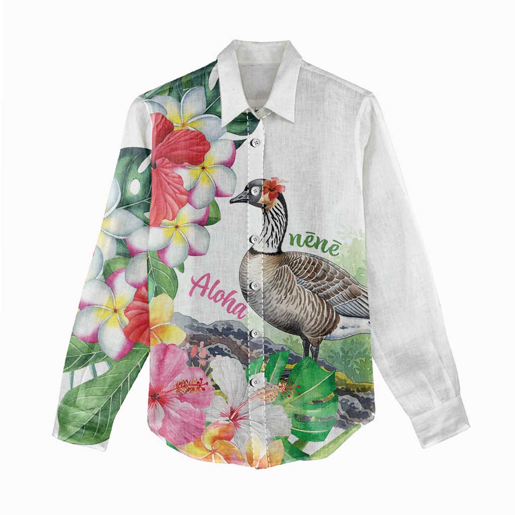 Aloha Hawaii Nene Goose Women Casual Shirt Tropical Flowers Watercolor Stylized - Polynesian Pride