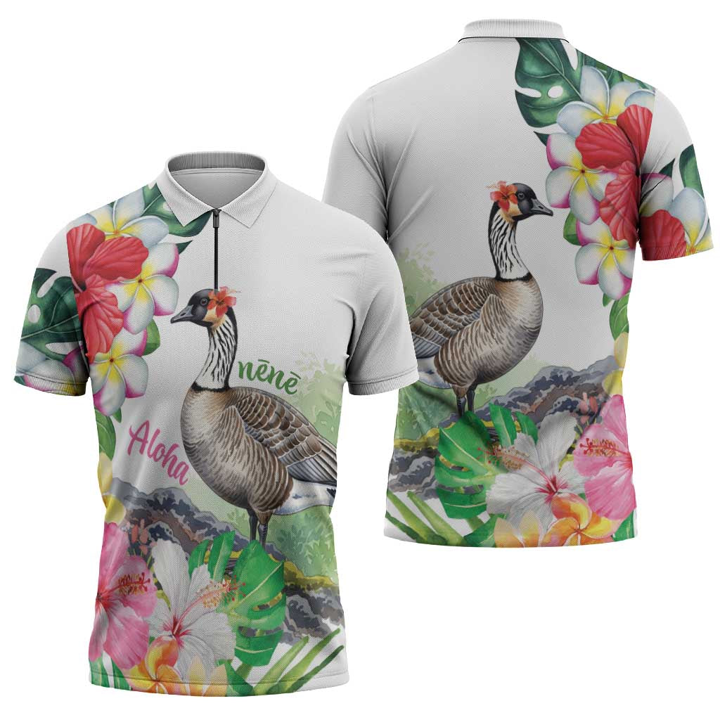 Aloha Hawaii Nene Goose Zipper Polo Shirt Tropical Flowers Watercolor Stylized - Polynesian Pride