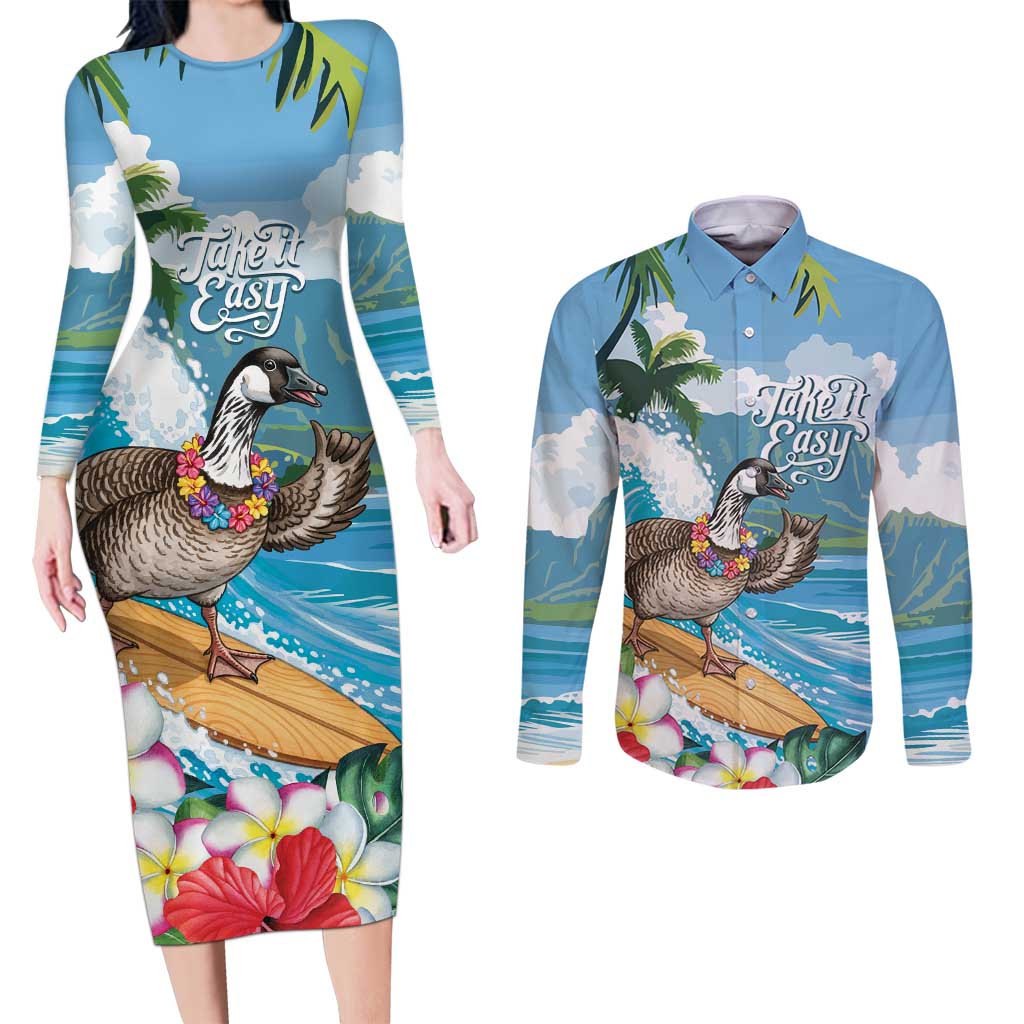 Aloha Hawaii Shaka Nene Goose Couples Matching Long Sleeve Bodycon Dress and Long Sleeve Button Shirt Surfing Take It Easy - Polynesian Pride