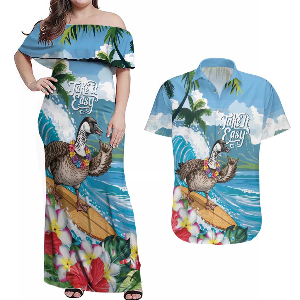 Aloha Hawaii Shaka Nene Goose Couples Matching Off Shoulder Maxi Dress and Hawaiian Shirt Surfing Take It Easy - Polynesian Pride