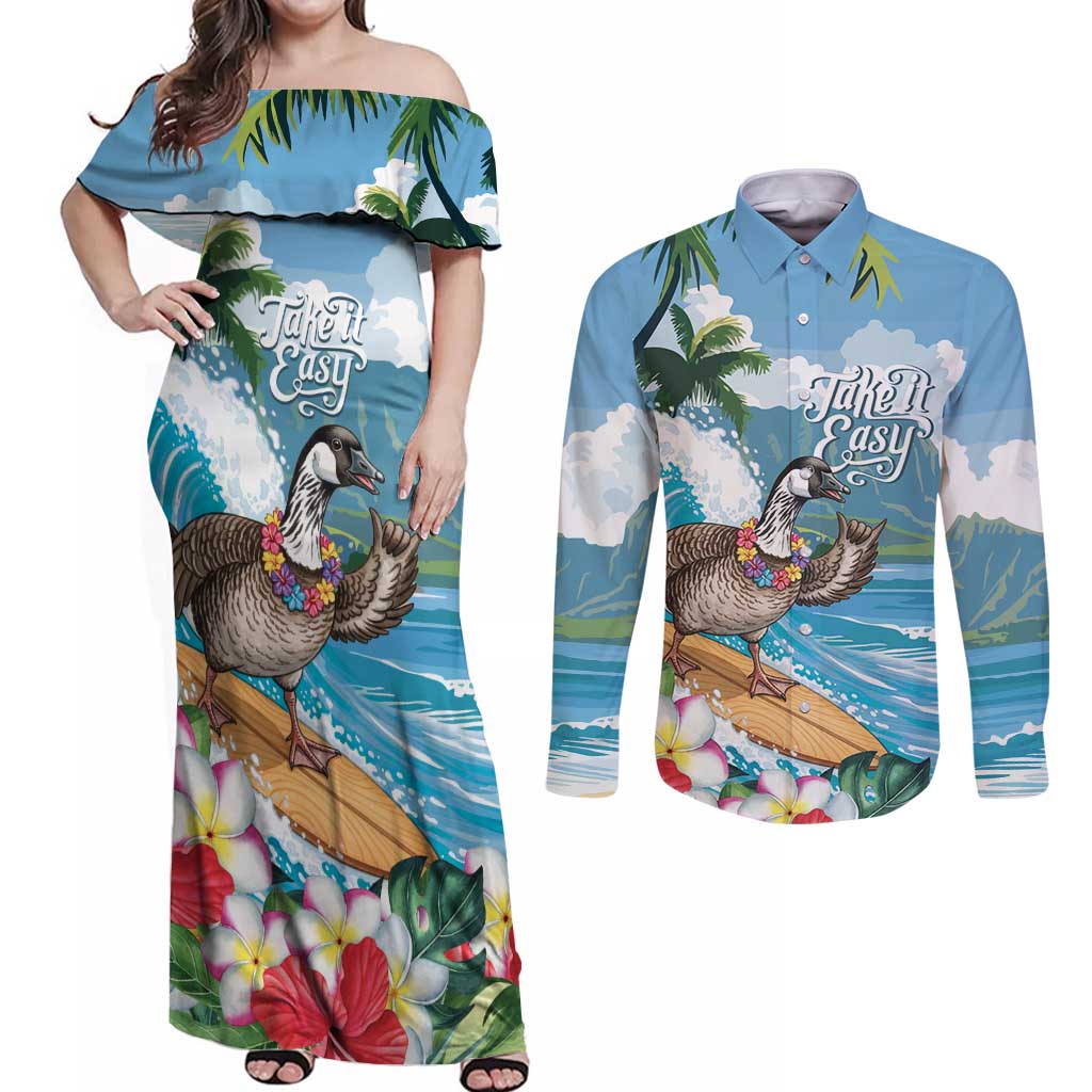Aloha Hawaii Shaka Nene Goose Couples Matching Off Shoulder Maxi Dress and Long Sleeve Button Shirt Surfing Take It Easy - Polynesian Pride