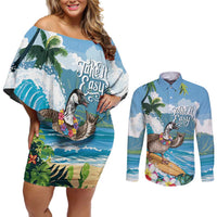 Aloha Hawaii Shaka Nene Goose Couples Matching Off Shoulder Short Dress and Long Sleeve Button Shirt Surfing Take It Easy - Polynesian Pride