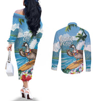 Aloha Hawaii Shaka Nene Goose Couples Matching Off The Shoulder Long Sleeve Dress and Long Sleeve Button Shirt Surfing Take It Easy - Polynesian Pride
