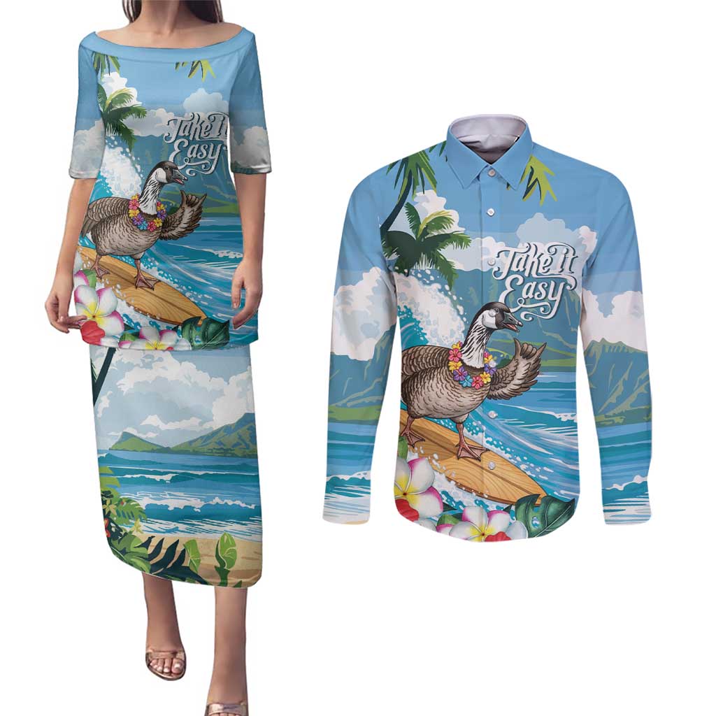 Aloha Hawaii Shaka Nene Goose Couples Matching Puletasi and Long Sleeve Button Shirt Surfing Take It Easy - Polynesian Pride