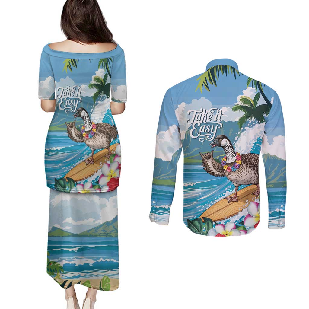 Aloha Hawaii Shaka Nene Goose Couples Matching Puletasi and Long Sleeve Button Shirt Surfing Take It Easy - Polynesian Pride