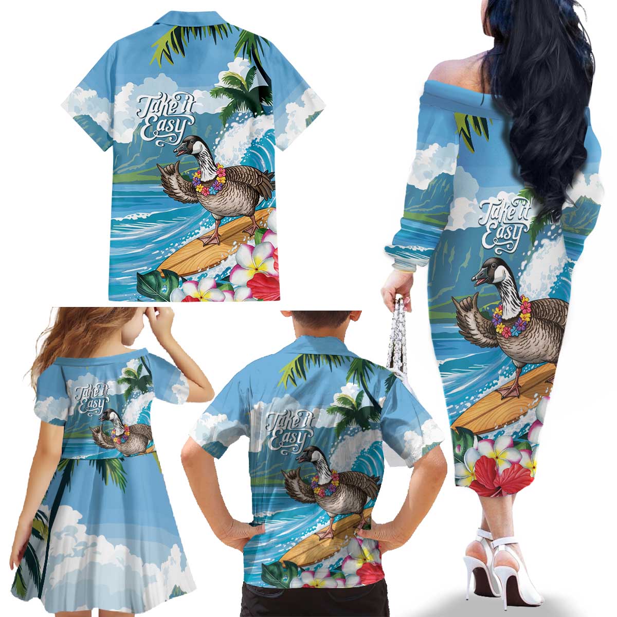 Aloha Hawaii Shaka Nene Goose Family Matching Off The Shoulder Long Sleeve Dress and Hawaiian Shirt Surfing Take It Easy - Polynesian Pride