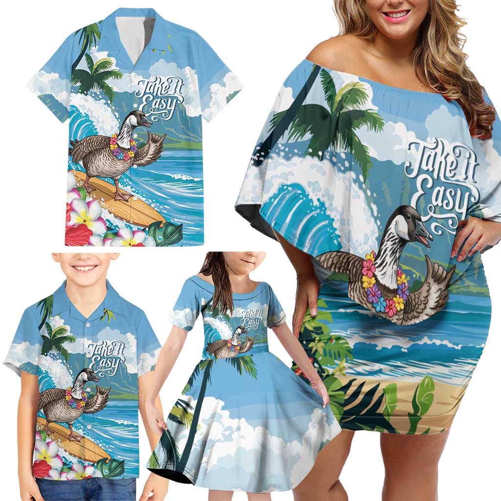 Aloha Hawaii Shaka Nene Goose Family Matching Off Shoulder Short Dress and Hawaiian Shirt Surfing Take It Easy - Polynesian Pride