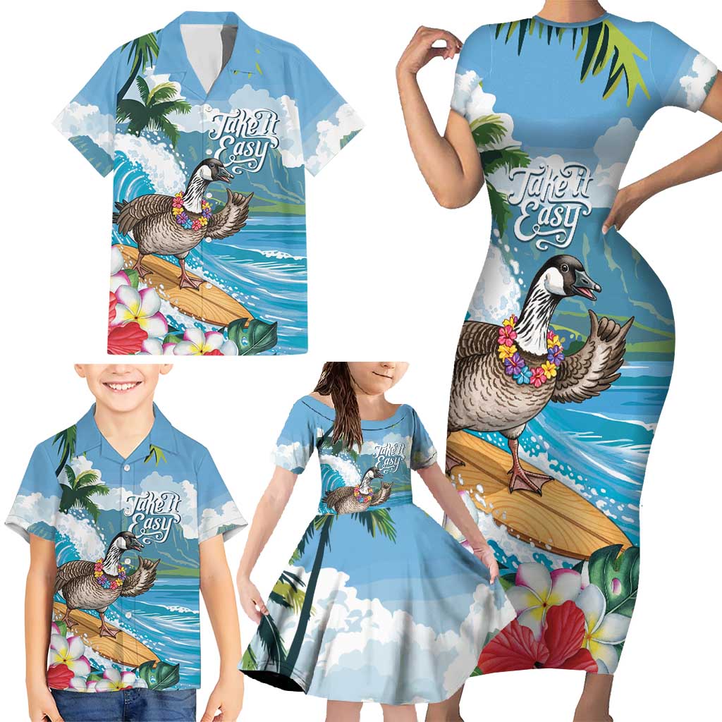 Aloha Hawaii Shaka Nene Goose Family Matching Short Sleeve Bodycon Dress and Hawaiian Shirt Surfing Take It Easy - Polynesian Pride