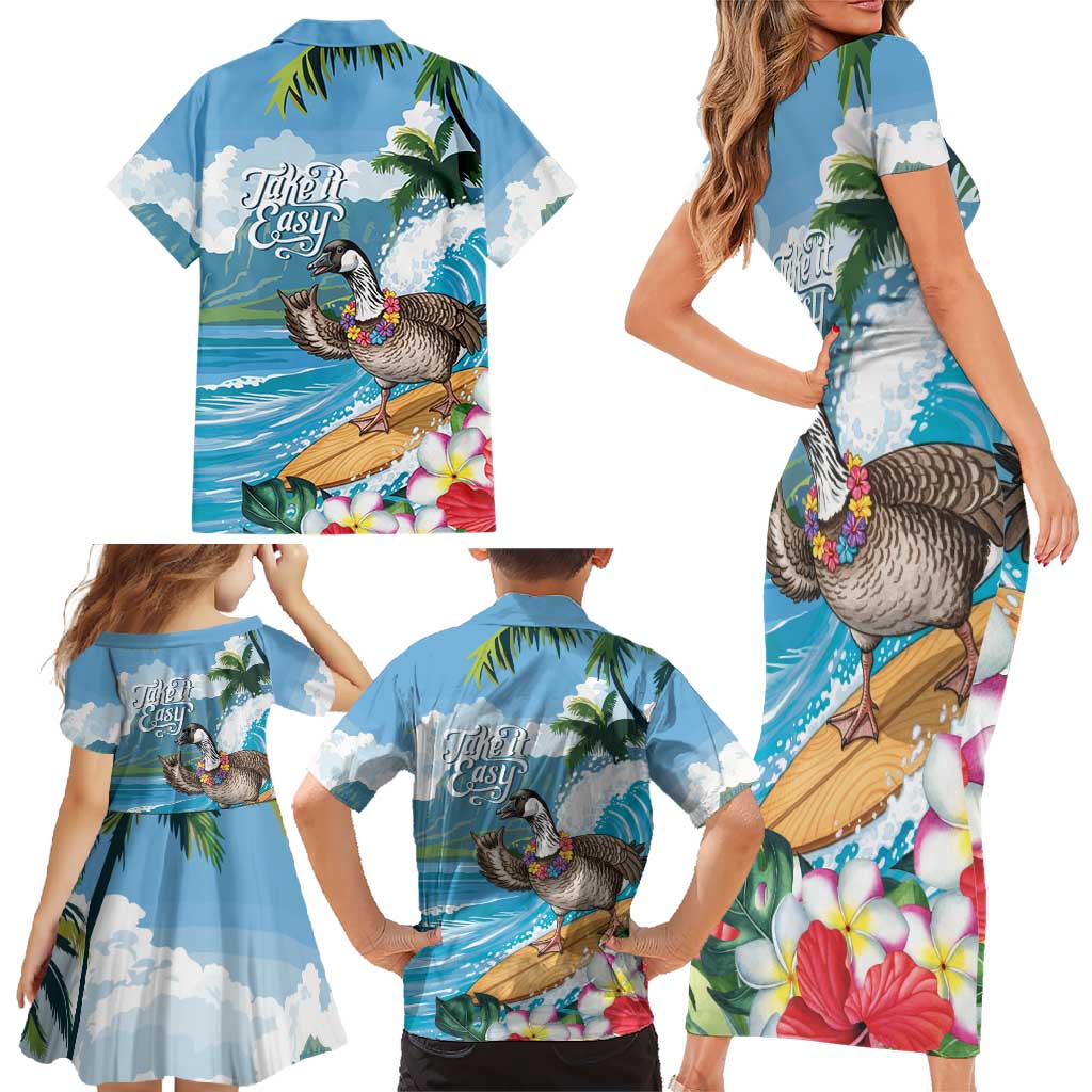 Aloha Hawaii Shaka Nene Goose Family Matching Short Sleeve Bodycon Dress and Hawaiian Shirt Surfing Take It Easy - Polynesian Pride