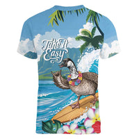 Aloha Hawaii Shaka Nene Goose Women V-Neck T-Shirt Surfing Take It Easy - Polynesian Pride