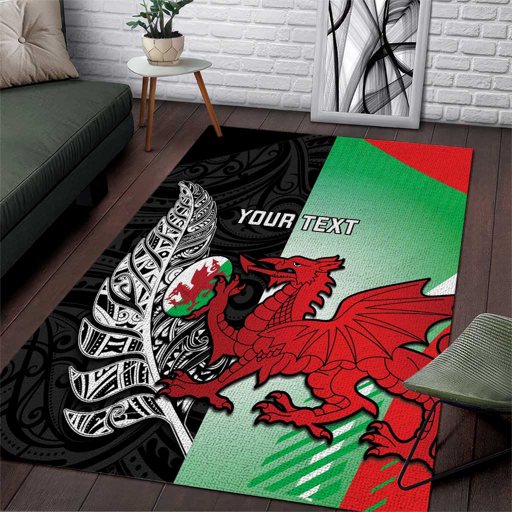 New Zealand and Wales Rugby Custom Area Rug Aotearoa All Black Combine Welsh Dragon LT14 Black - Polynesian Pride