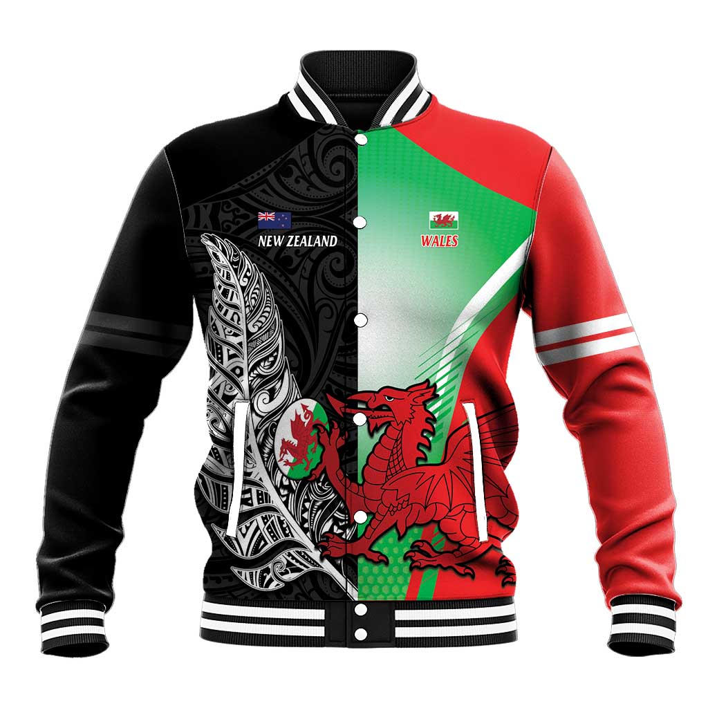 New Zealand and Wales Rugby Custom Baseball Jacket Aotearoa All Black Combine Welsh Dragon - Polynesian Pride