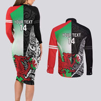 New Zealand and Wales Rugby Custom Couples Matching Long Sleeve Bodycon Dress and Long Sleeve Button Shirt Aotearoa All Black Combine Welsh Dragon - Polynesian Pride