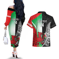 New Zealand and Wales Rugby Custom Couples Matching Off The Shoulder Long Sleeve Dress and Hawaiian Shirt Aotearoa All Black Combine Welsh Dragon - Polynesian Pride