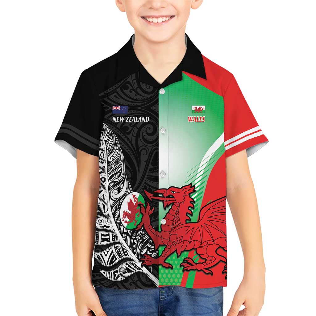 New Zealand and Wales Rugby Custom Family Matching Puletasi and Hawaiian Shirt Aotearoa All Black Combine Welsh Dragon - Polynesian Pride