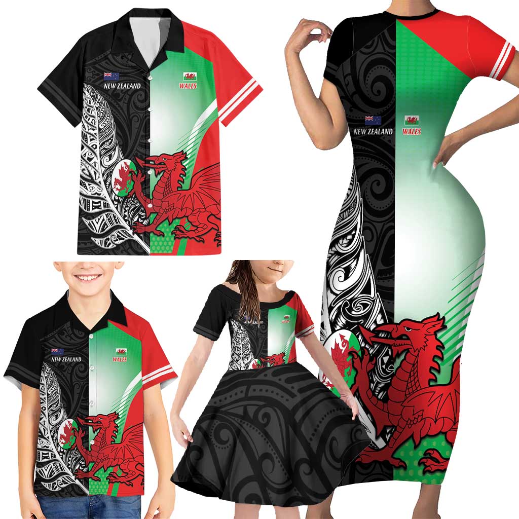 New Zealand and Wales Rugby Custom Family Matching Short Sleeve Bodycon Dress and Hawaiian Shirt Aotearoa All Black Combine Welsh Dragon - Polynesian Pride