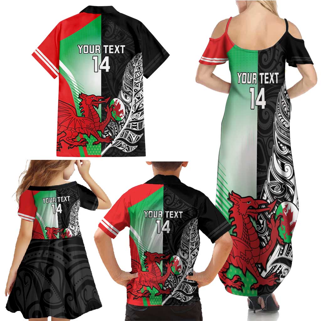 New Zealand and Wales Rugby Custom Family Matching Summer Maxi Dress and Hawaiian Shirt Aotearoa All Black Combine Welsh Dragon - Polynesian Pride