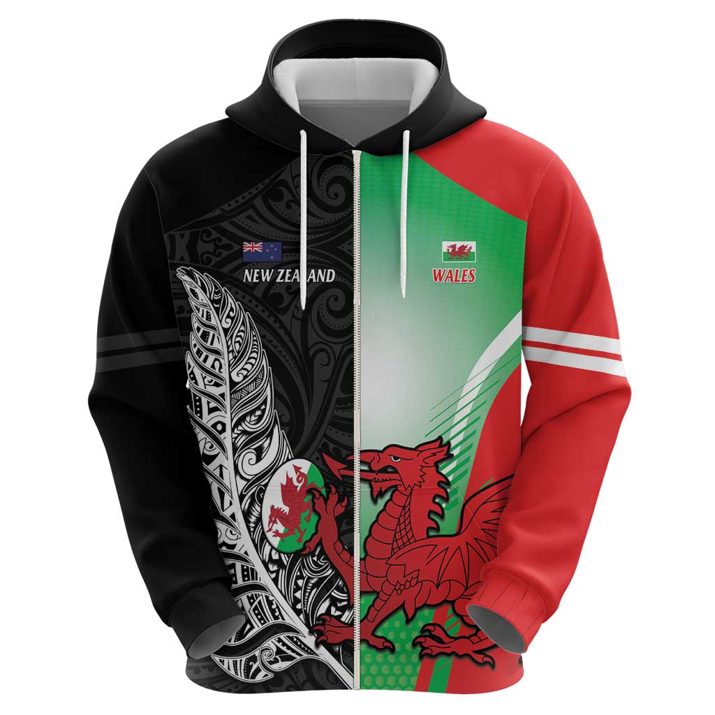 New Zealand and Wales Rugby Custom Hoodie Aotearoa All Black Combine Welsh Dragon - Polynesian Pride