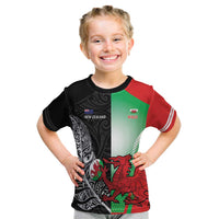 New Zealand and Wales Rugby Custom Kid T Shirt Aotearoa All Black Combine Welsh Dragon - Polynesian Pride