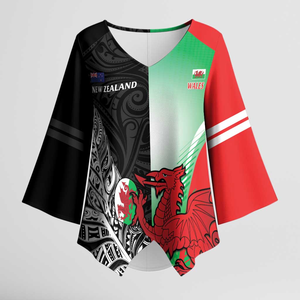 New Zealand and Wales Rugby Custom Kimono Sleeve Blouse Aotearoa All Black Combine Welsh Dragon - Polynesian Pride