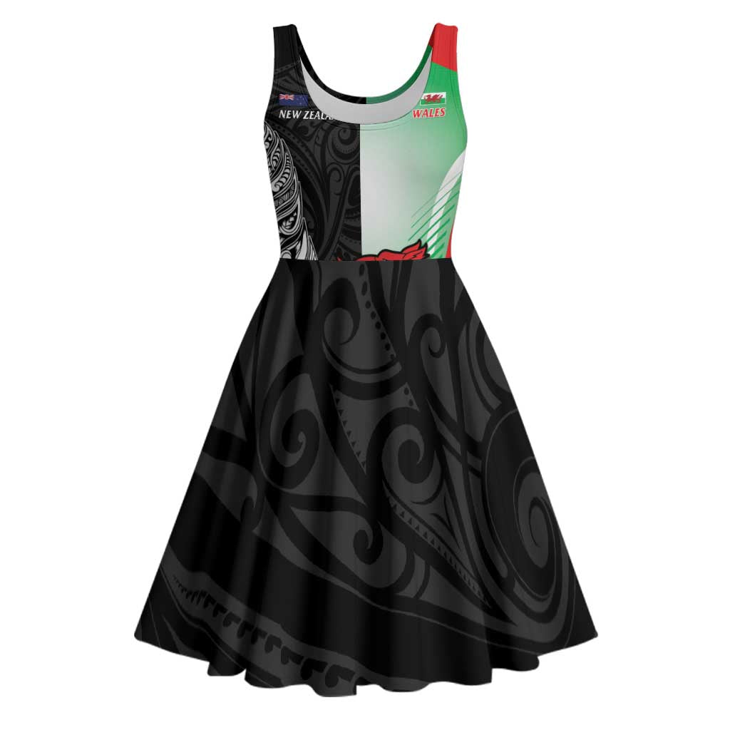 New Zealand and Wales Rugby Custom Midi Dress Aotearoa All Black Combine Welsh Dragon - Polynesian Pride